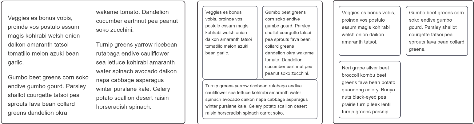 three different styles of layouts which have two columns in the container.