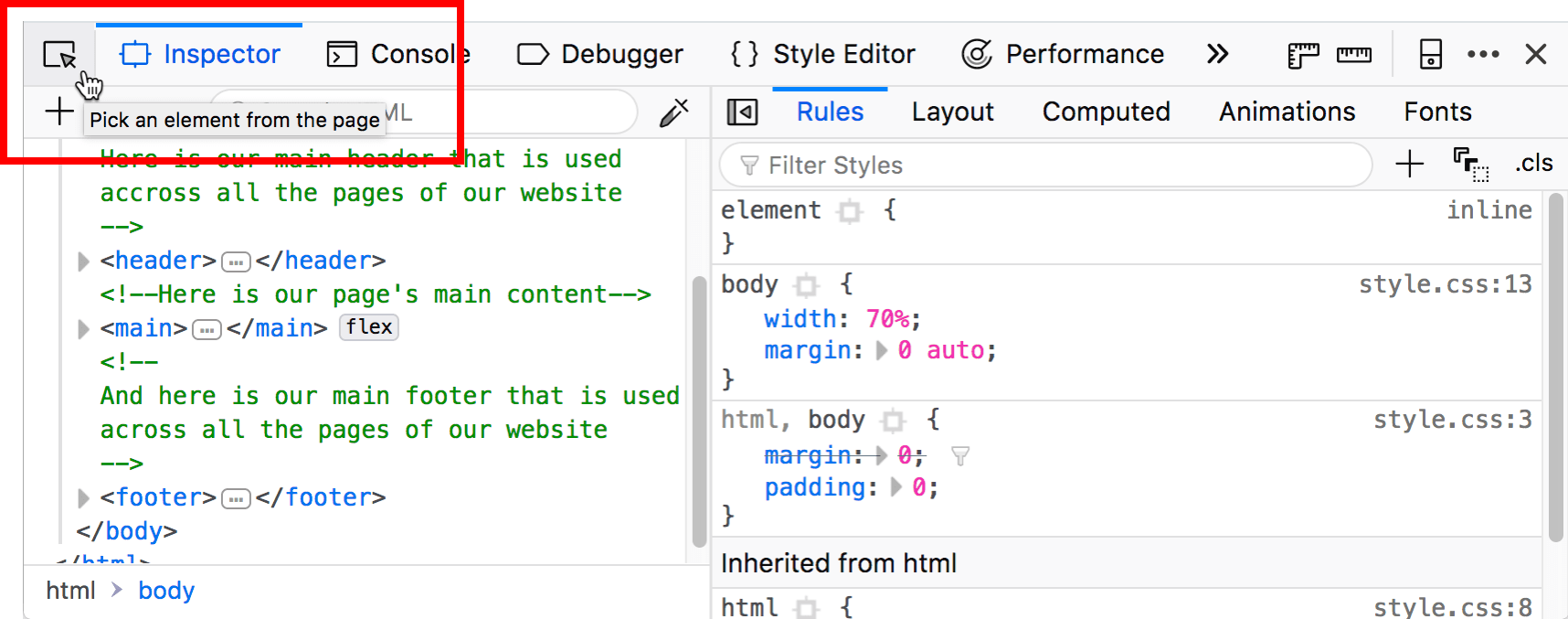 highlighted dom inspector picker button, with a tooltip saying Pick an element from the page