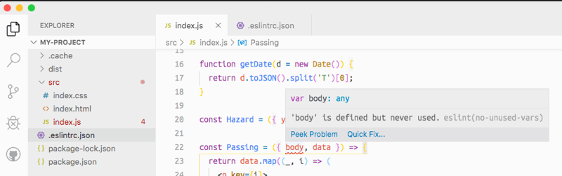 eslint error integration shown in VS Code