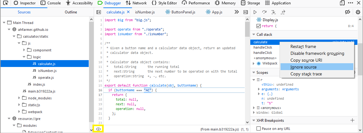 FF Debugger showing callstack with right-menu and marked up unignore/ignore source "eye"