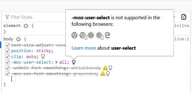 Tooltip displayed next to CSS element. Hover to find out browsers with compatibility issues.