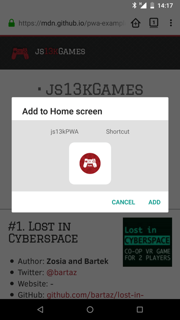 Add to Home screen popup of js13kPWA.