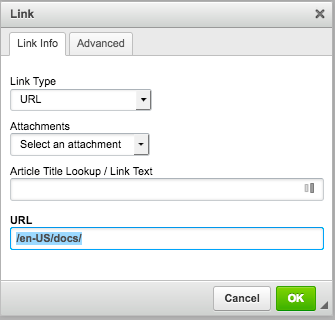 Screenshot of the Link dialog box, showing the Link Info tab