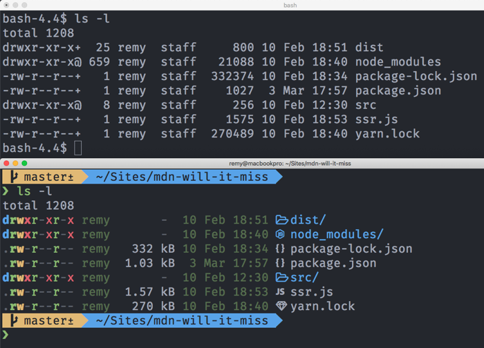 A vanilla mac terminal and a more colorful custom mac terminal, showing a file listing - the result of running the ls -l command