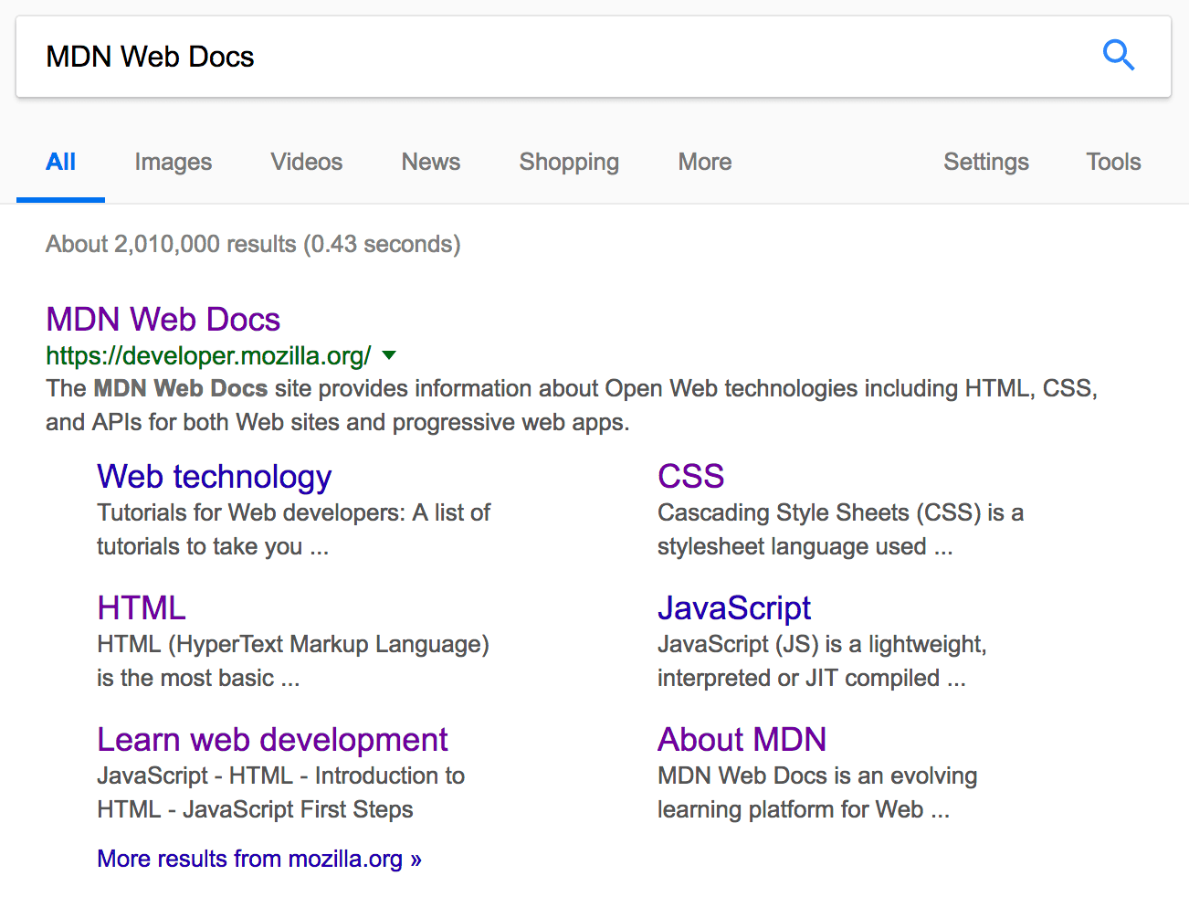 A Google search result for "MDN Web Docs"