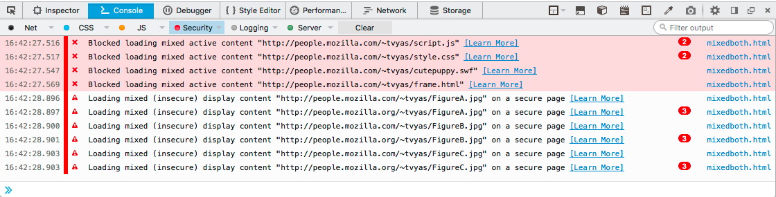 A screenshot of blocked mixed content errors in the Security Pane of the Web Console
