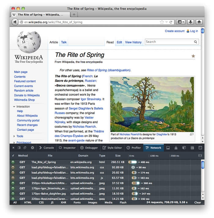 The Firefox network monitor showing get requests, multiple files, and different times taken to load each resource on a graph.