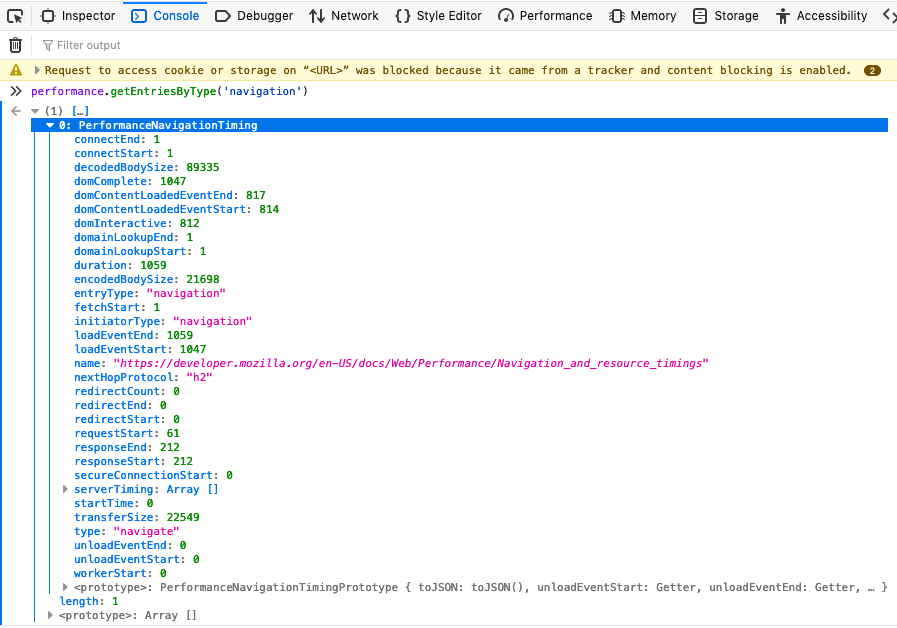 The results of when performance.getEntriesByType('navigation'); is entered into the console for this document