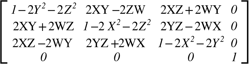 The formulas used to convert the sensor's quaternion to the provided matrix.