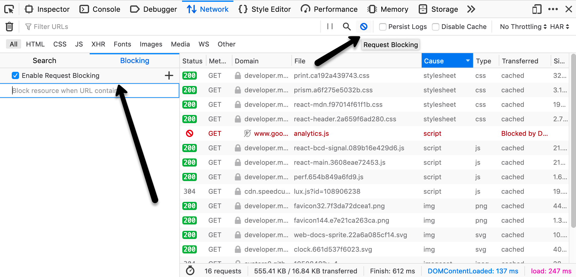 Screen shot of the Blocking panel, with arrows indicating the panel and the Request Blocking toolbar icon