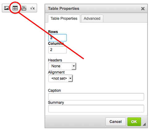 A diagram showing the Table button in the MDN edit interface, which has a picture of a table on it, and the dialog box that it brings up, which has options on it to set row number, column number, which cells are headings, and more.