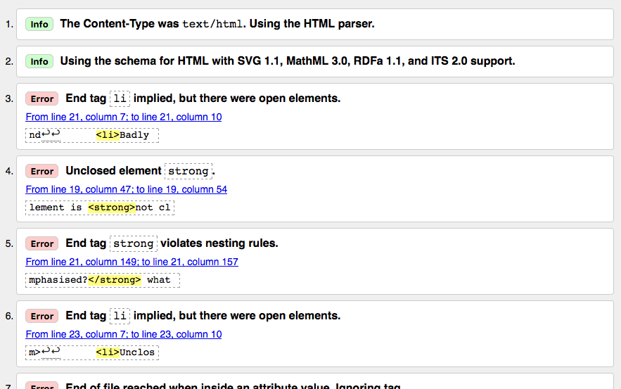 A list of HTML validation results from the W3C markup validation service