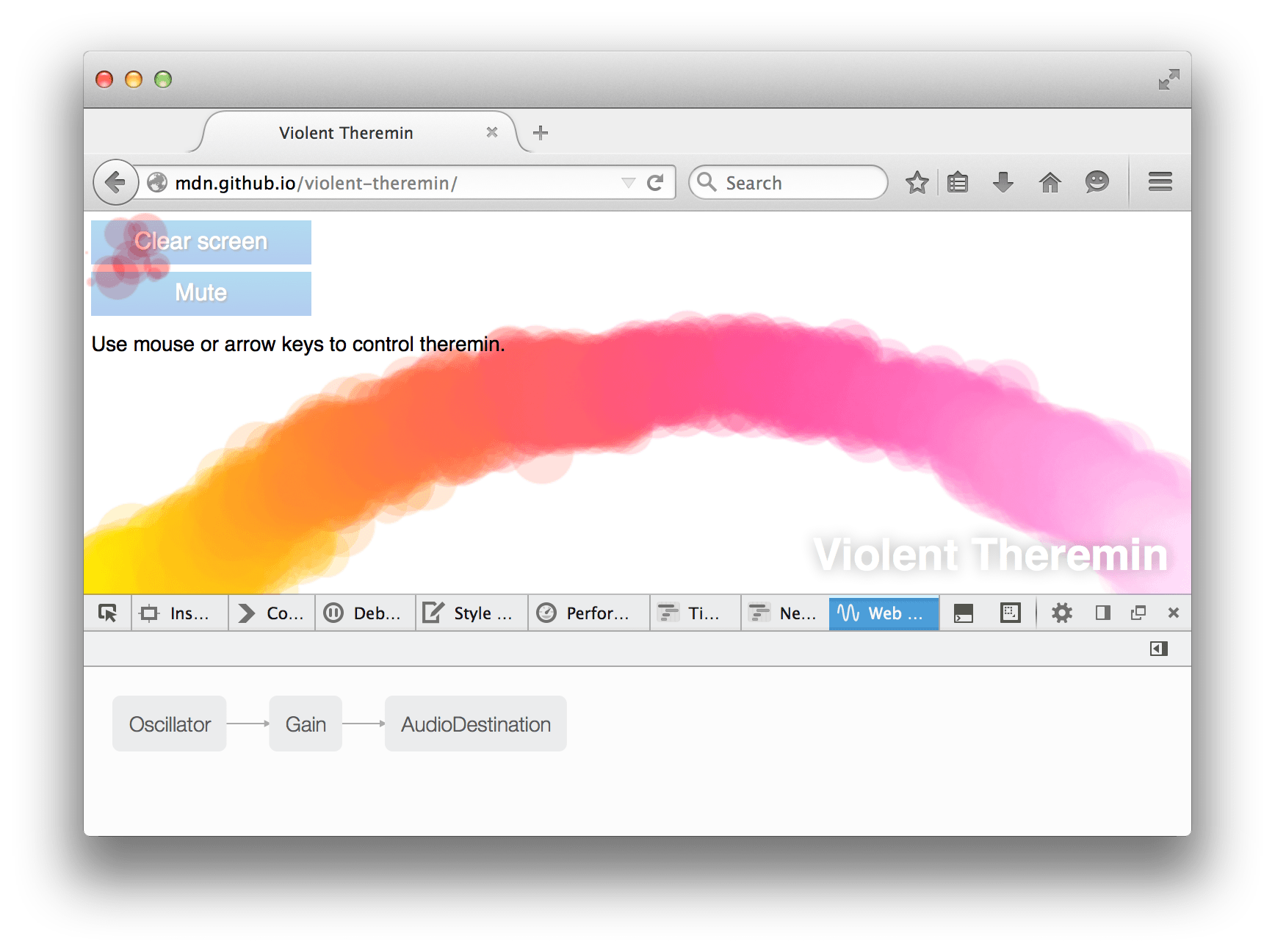 The Firefox web audio editor showing an audio graph with AudioBufferSource, IIRFilter, and AudioDestination