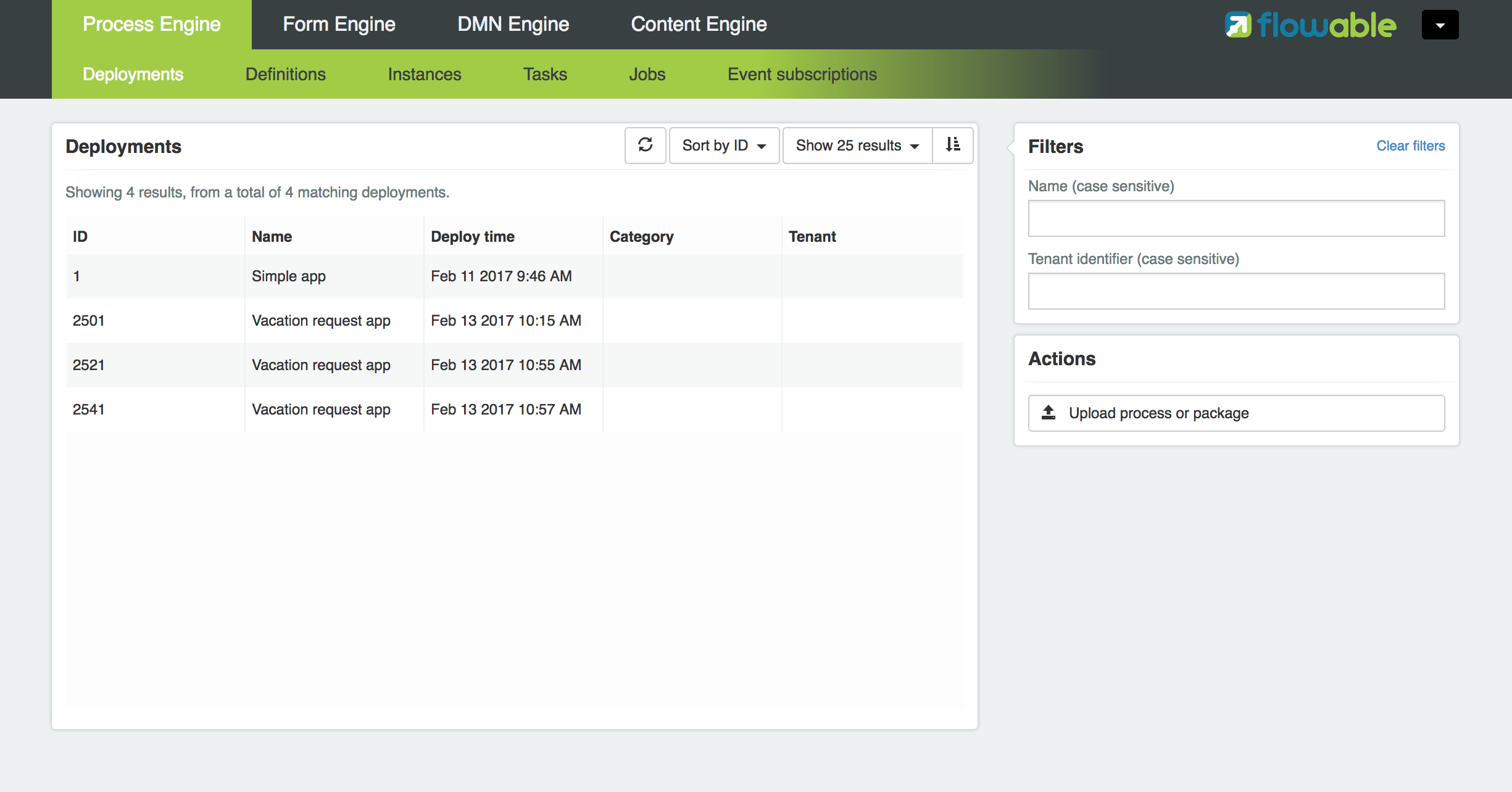 flowable admin deployments screen