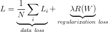 L=\displaystyle \underbrace{ \frac{1}{N}\sum_i L_i}_{data \  loss}+\underbrace{\lambda R(W)}_{regularization \ loss}