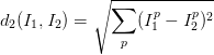 \displaystyle d_2(I_1,I_2)=\sqrt{ \sum_p(I^p_1-I^p_2)^2}