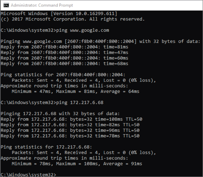 Screenshot of a running ping on a Windows operating system sending four echo requests to www.google.com using both IPv4 and IPv6.