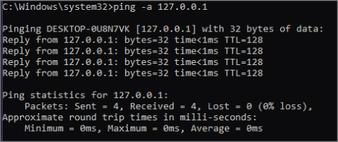 Screenshot pinging 127.0.0.1 as a special reserved IP address called a loopback address for testing a system to make sure it is working properly.