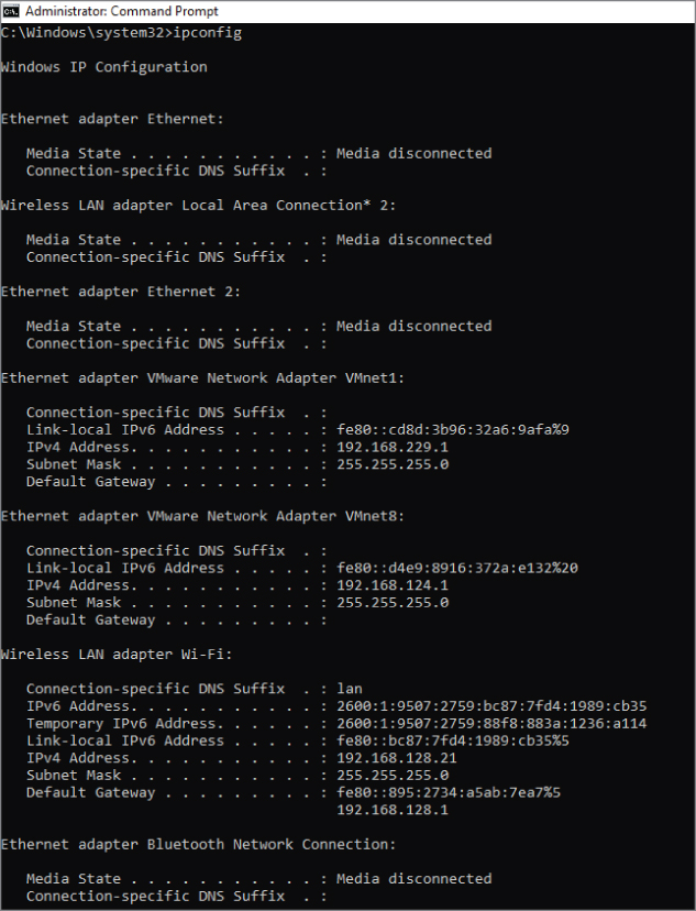 Screenshot for using the IP addresses and default gateways for each network adapter on the machine.