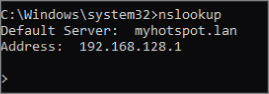 Screenshot for using nslookup prompt to work in the interactive mode.