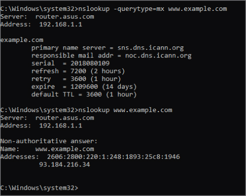 Screenshot for using nslookup with -querytype=mx www.example.com to find specific type assets.