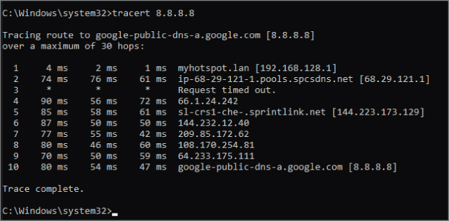 Screenshot for using tracert 8.8.8.8, counting hops, to reach the public Google DNS server.