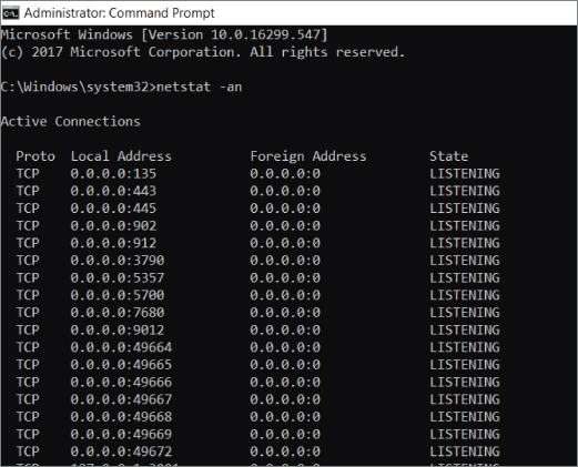 Screenshot for using the netstat command displaying a list of all active network conversations for addresses and ports.