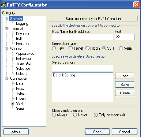 Screenshot of the PuTTY Configuration window listing the categories: Session, Terminal, Window, and Connection on the left and to enter the host name or IP address on the right.