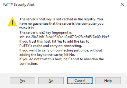 Screenshot displaying the PuTTY security alert to establish trust between two hosts.