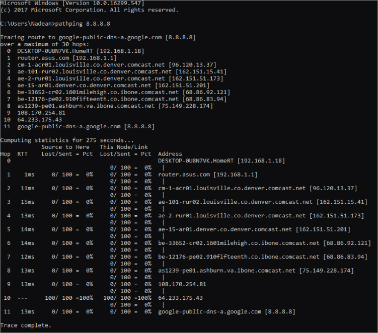 Screenshot depicting the tracing route to Google’s public DNS server 8.8.8.8, with PathPing combining both traceroute and statistics of each hop.