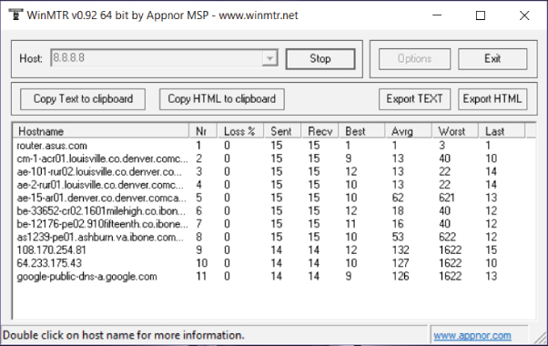 “Screenshot of the WinMTR window combining ping with traceroute to copy or export  results by clicking either the Export TEXT or Export HTML button.”