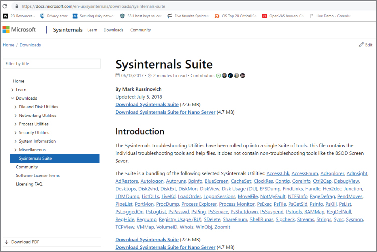 Screenshot displaying the download link of Microsoft Sysinternals suite, and the entire suite of tools can be downloaded in a USB drive.