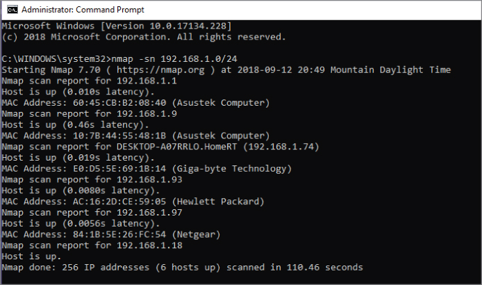 Screenshot of the Administrator: Command Prompt window displaying the nmap command.