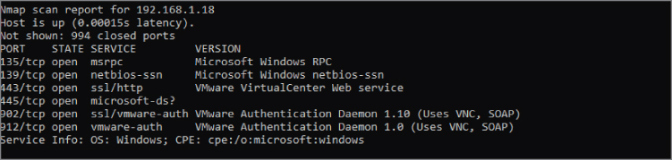 Screenshot displaying the Nmap scan report depicting the ports that are open, the service, the state, and the version.