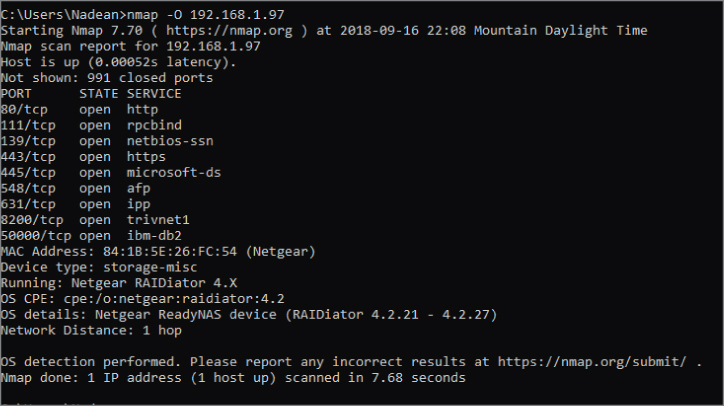 Screenshot displaying the response of an nmap -O command that is used to enable operating system detection.