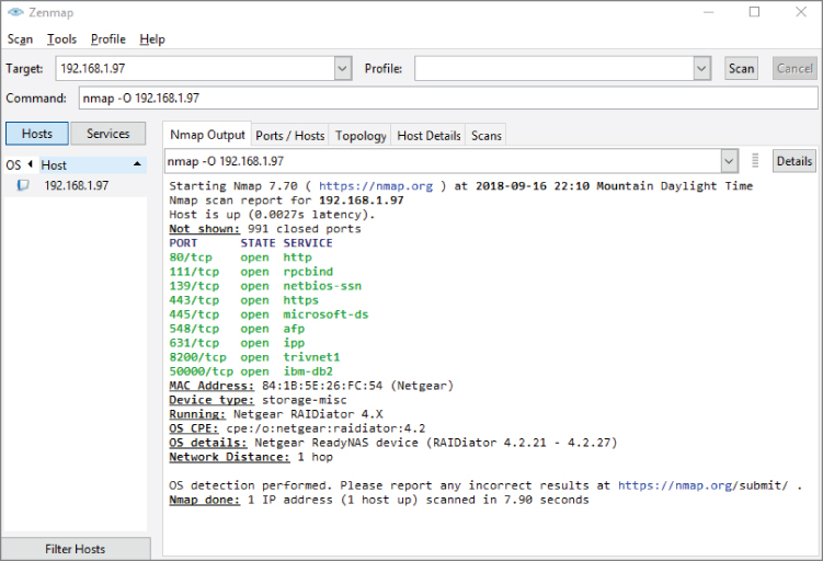 Screenshot displaying the results of the Zenmap GUI scan, after identifying the target and hitting the Scan button.