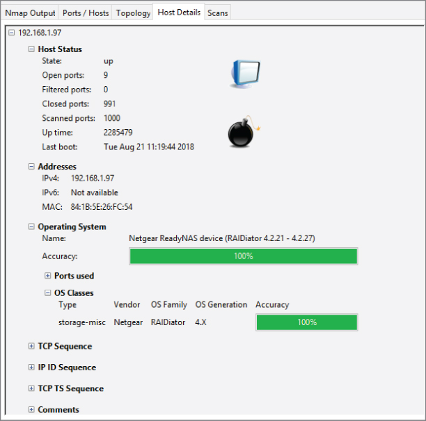 Screenshot listing out the Zenmap host details, the network topology, and the history of scans of this asset.