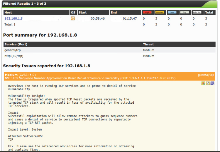 Screenshot displaying the summary results of an asset, depicting the IP address of the host, what operating system is on the host, and the security issues and threat level below.