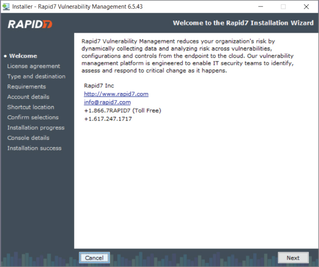 Screenshot of the Rapid7 Vulnerability Management installer window for installing Nexpose Community GUI.