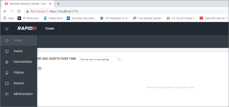 Screenshot displaying the Nexpose Community Menu in a vertical pattern, giving a summary of assets, risk scores, and asset groups.