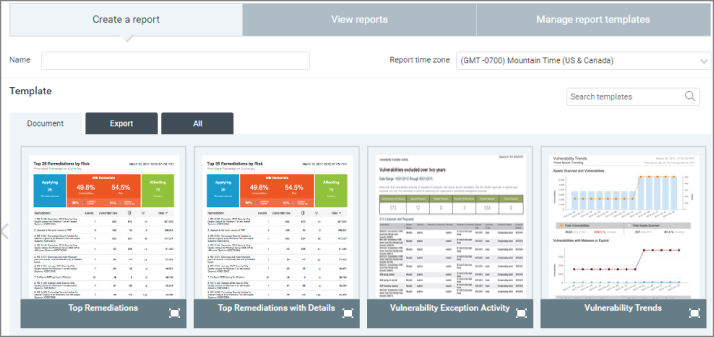 Screenshot displaying the last four default document reports in the Nexpose Community.