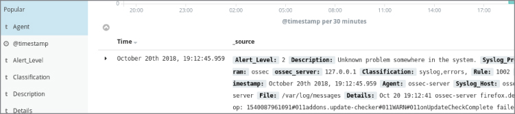 Screenshot displaying the individual alerts and fields being alerted, on using the OSSEC individual agent alert.