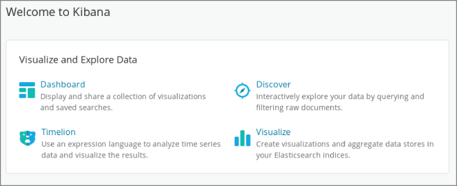 Screenshot of the welcome page of the Kibana dashboard enabling the user to visualize and explore data stores for other indexing.