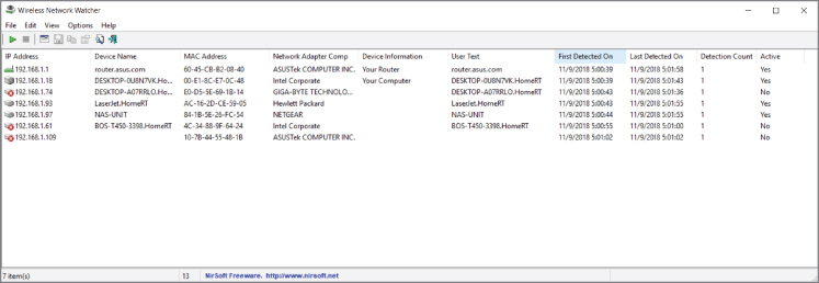 Screenshot displaying a list of IP addresses, the device name, MAC address, and other information of a Wireless Network Watcher capture.