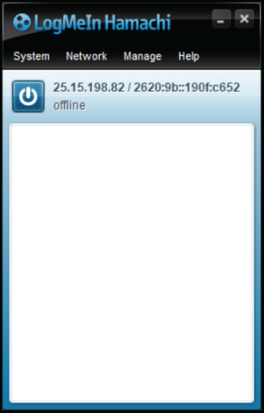 Screenshot of the LogMeIn Hamachi VPN Management Console displaying the IPv4 and IPv6 address to create an account.