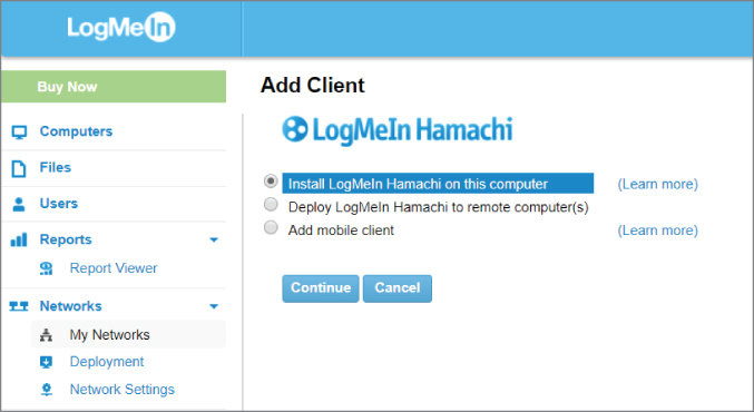 Screenshot of the LogMeIn Hamachi client menu item on the left with an Add Client options on the right to install the software on a current machine or a remote machine or add this client to a mobile device.