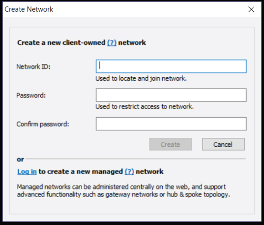 Screenshot of the Create Network dialog box for creating a new client network by entering the name of the Network ID and password and confirming the password again.