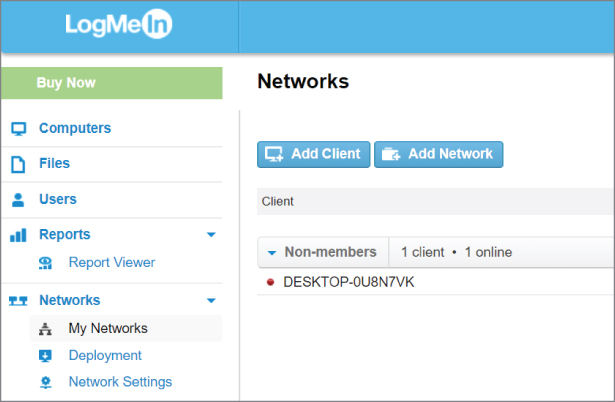 Screenshot of the LogMeIn website for creating a managed network by choosing a network name, description, and type from the menu on the left.