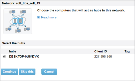 Screenshot displaying the hub-and-spoke topology for choosing the computer that will act as a hub for the network that has been selected by the user.