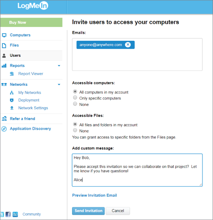 “Screenshot of the LogMeIn window for adding users to a computer, granting access to files and folders, share links, and connect storage space for easy access.”